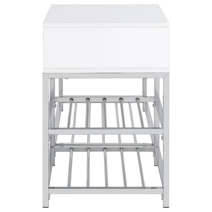 Siega 1-Drawer Shoe Storage Entryway Bench White High Gloss and Chrome