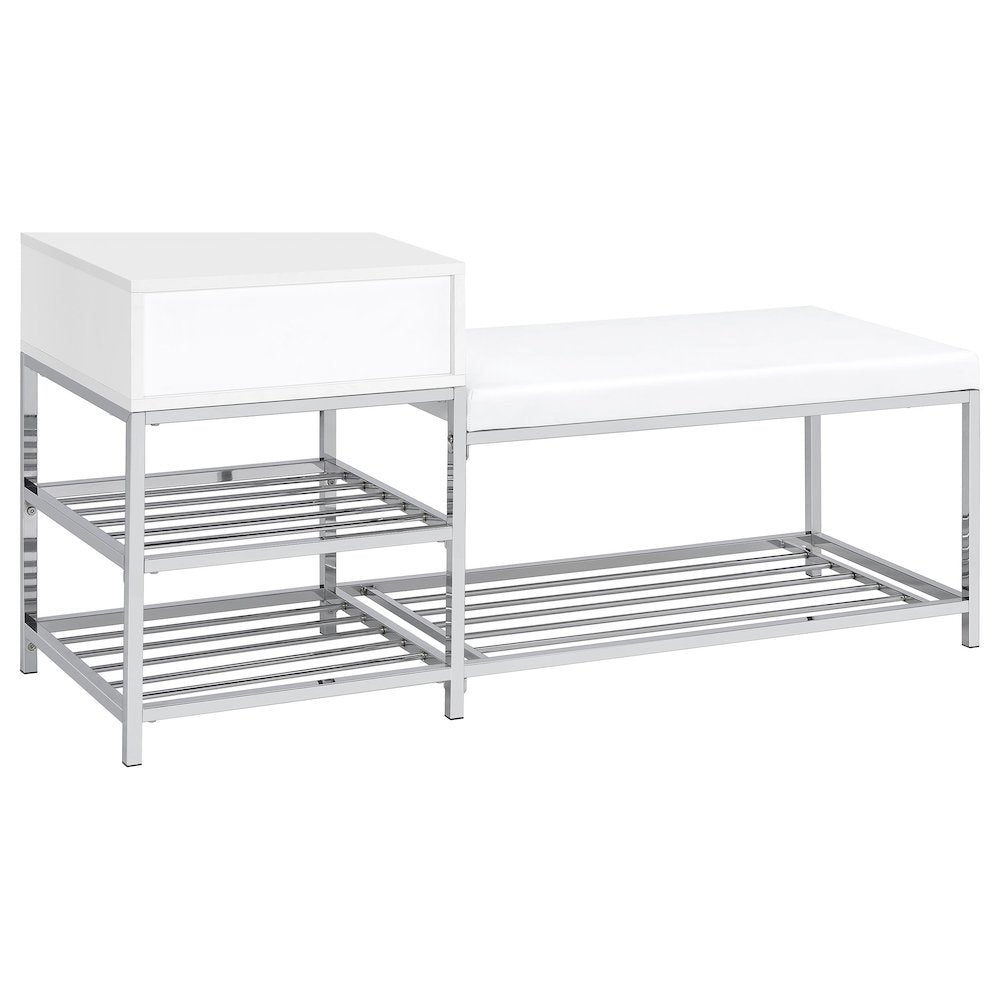 Siega 1-Drawer Shoe Storage Entryway Bench White High Gloss and Chrome