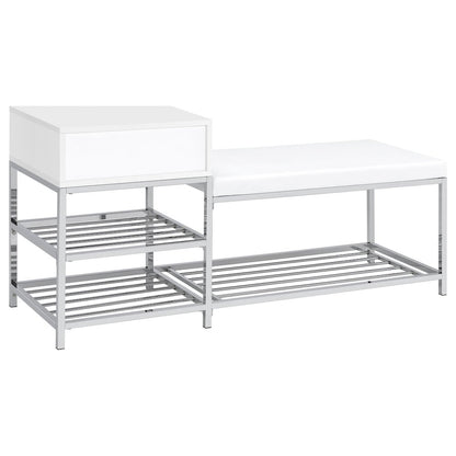 Siega 1-Drawer Shoe Storage Entryway Bench White High Gloss and Chrome