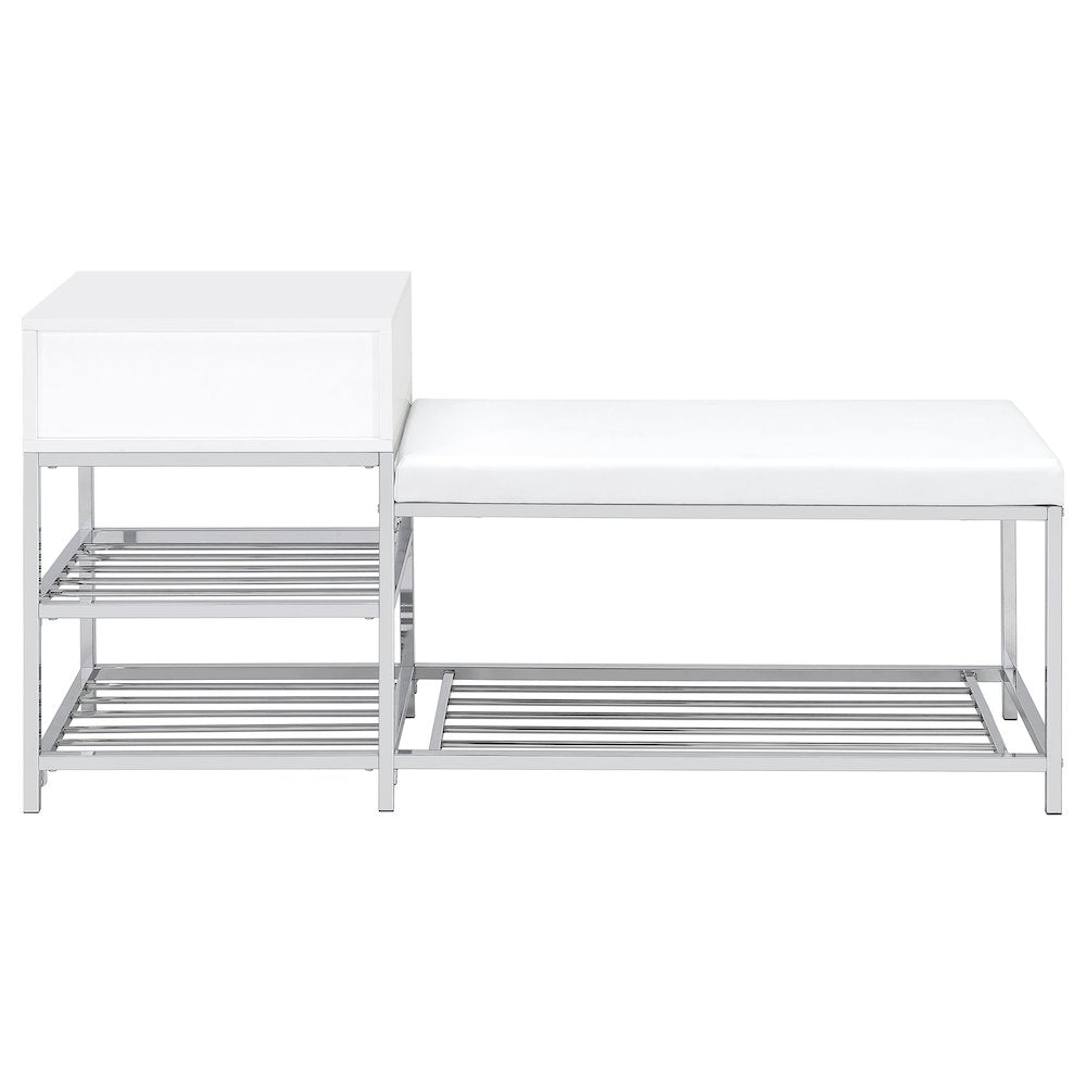 Siega 1-Drawer Shoe Storage Entryway Bench White High Gloss and Chrome