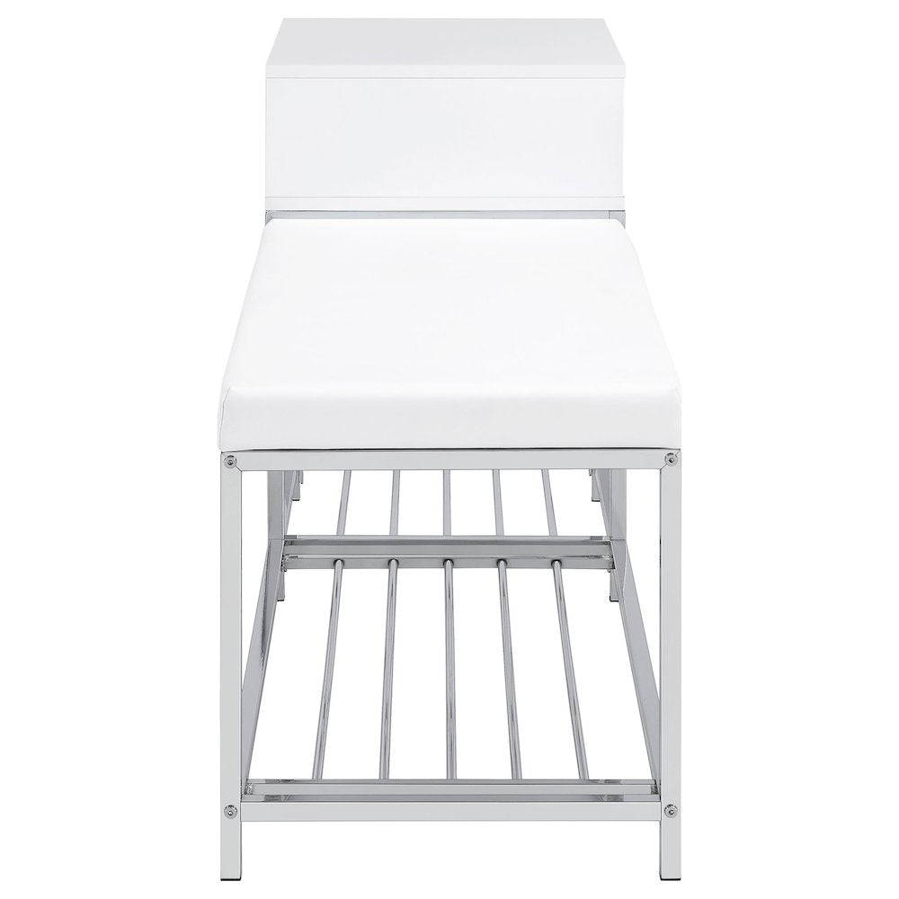 Siega 1-Drawer Shoe Storage Entryway Bench White High Gloss and Chrome
