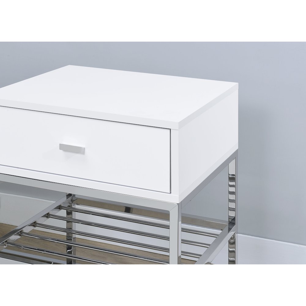 Siega 1-Drawer Shoe Storage Entryway Bench White High Gloss and Chrome