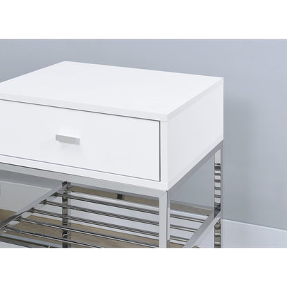Siega 1-Drawer Shoe Storage Entryway Bench White High Gloss and Chrome