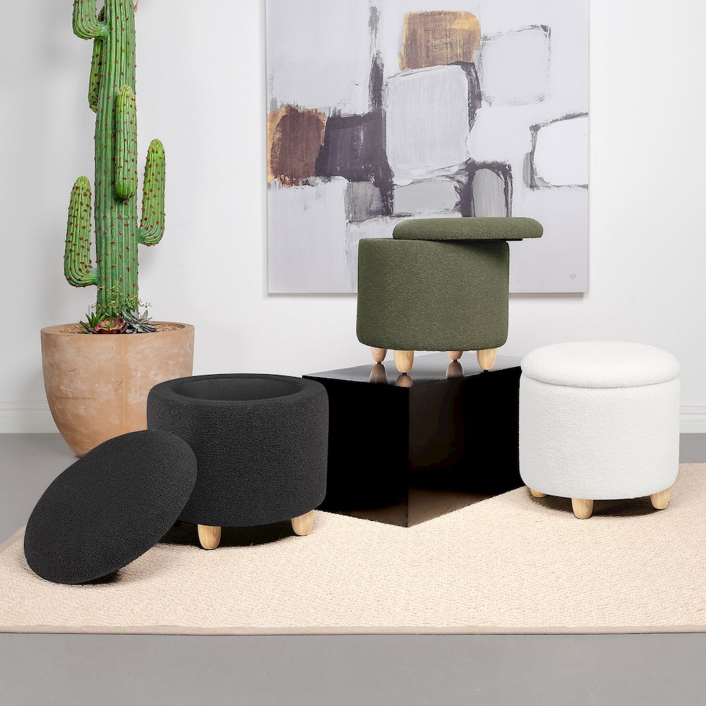Valia Faux Sheepskin Upholstered Round Storage Ottoman Black