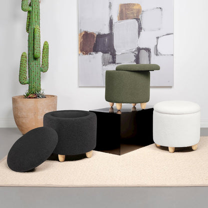Valia Faux Sheepskin Upholstered Round Storage Ottoman Black