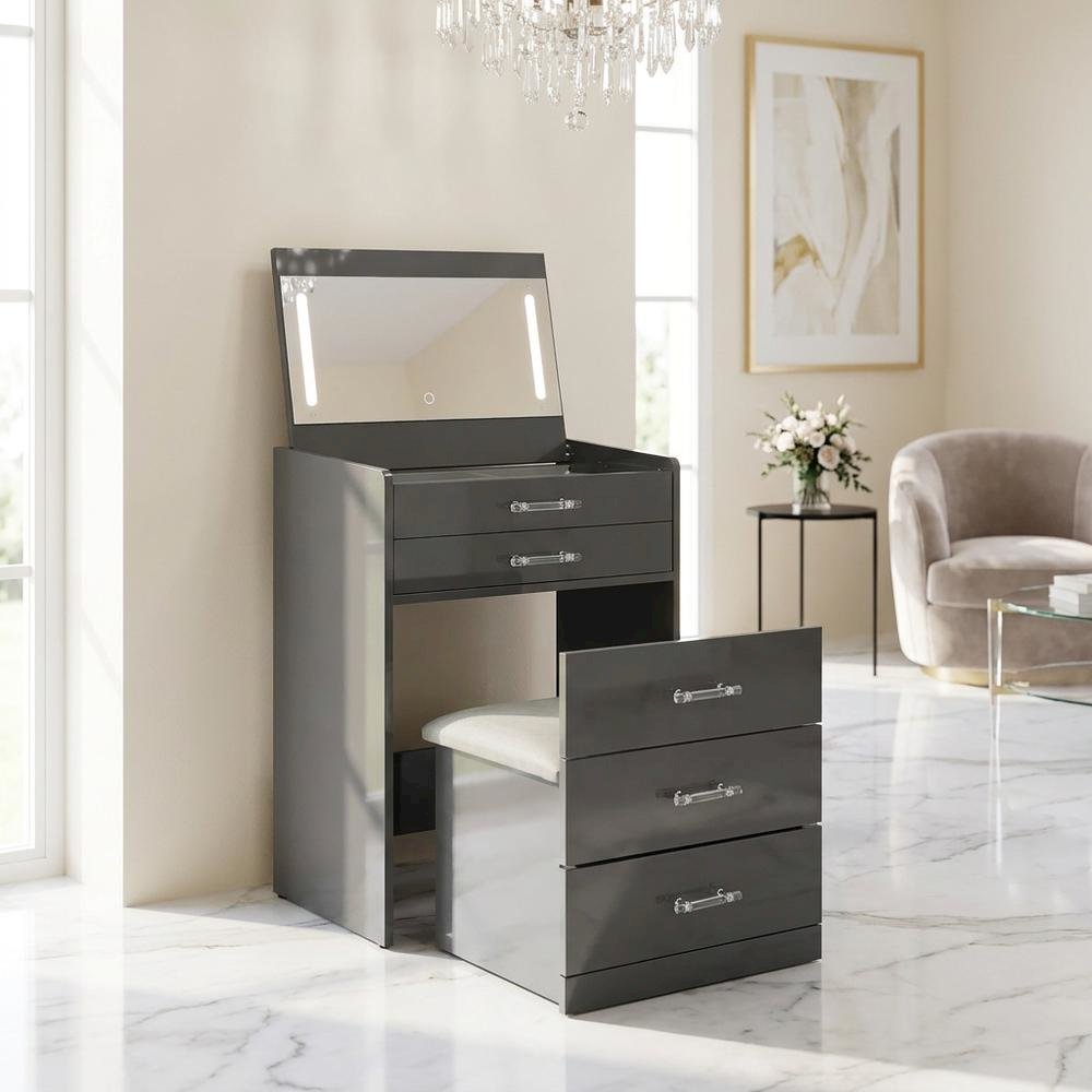 FurniFact Bedroom Vanity Set with Stool and 3 Drawers, Grey High Gloss