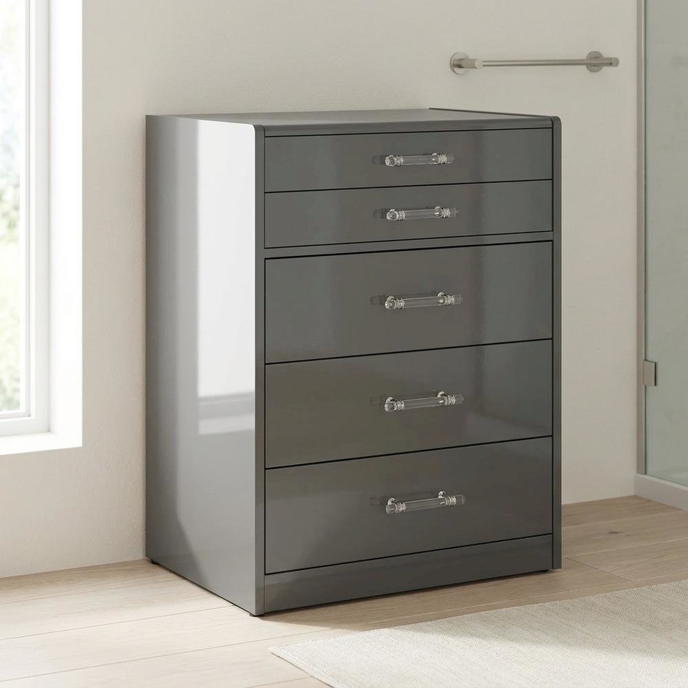 FurniFact Bedroom Vanity Set with Stool and 3 Drawers, Grey High Gloss