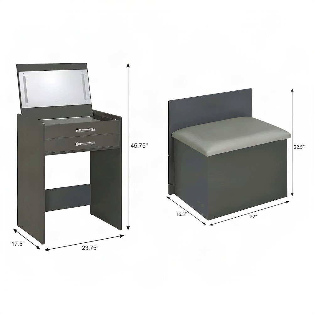 FurniFact Bedroom Vanity Set with Stool and 3 Drawers, Grey High Gloss