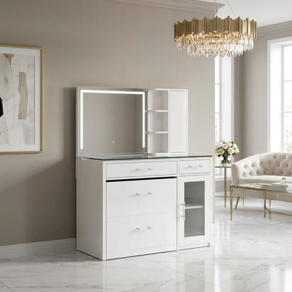 FurniFact Vanity Set with LED Mirror and 2-Drawer Storage, White High Gloss