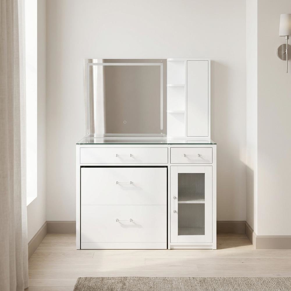 FurniFact Vanity Set with LED Mirror and 2-Drawer Storage, White High Gloss