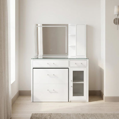 FurniFact Vanity Set with LED Mirror and 2-Drawer Storage, White High Gloss