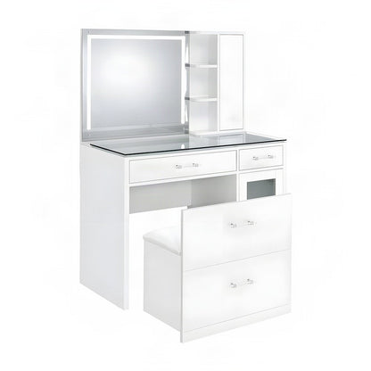 FurniFact Vanity Set with LED Mirror and 2-Drawer Storage, White High Gloss