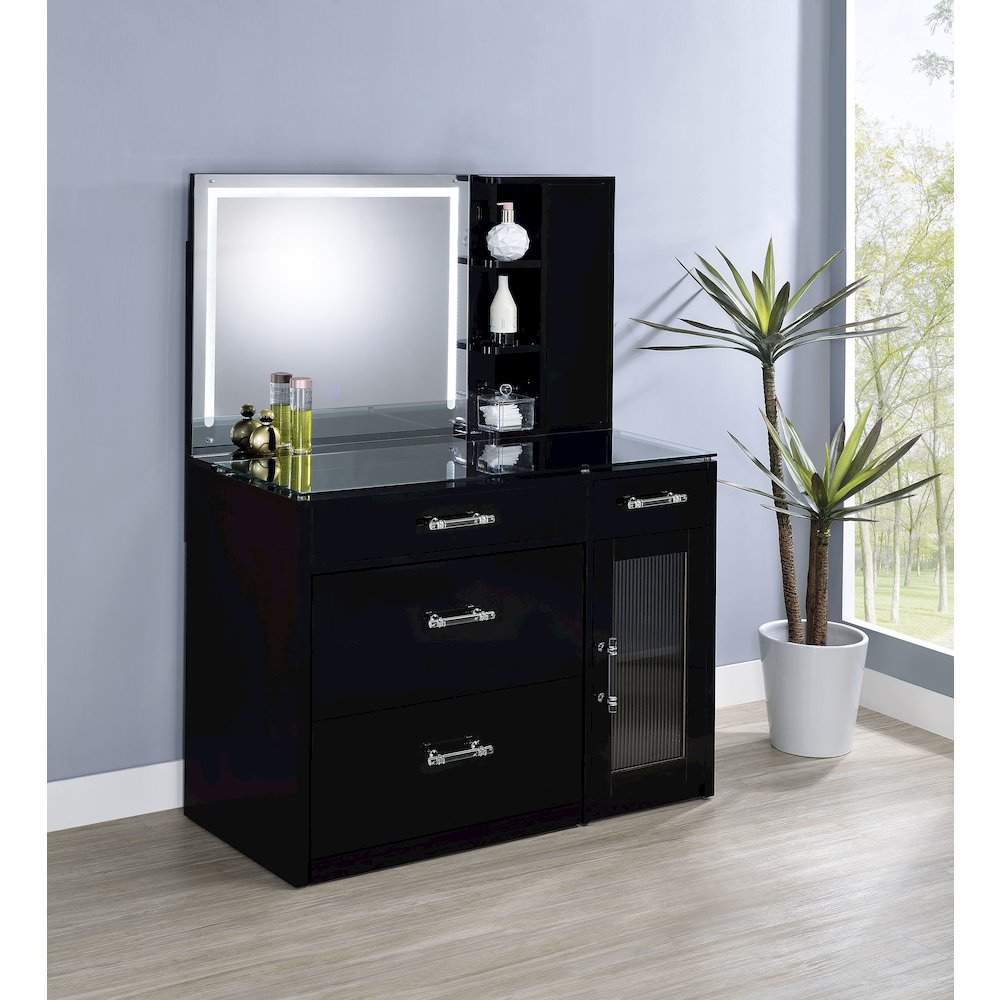 Flora 2-drawer Vanity Set with LED Mirror Black High Gloss