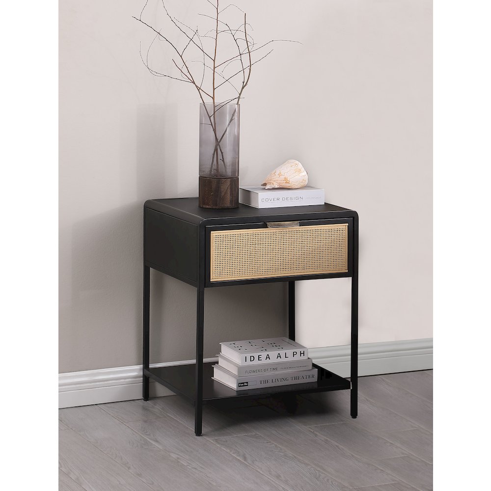 Amherst 1-drawer Radio Weave Cane Metal Bedside Table Black