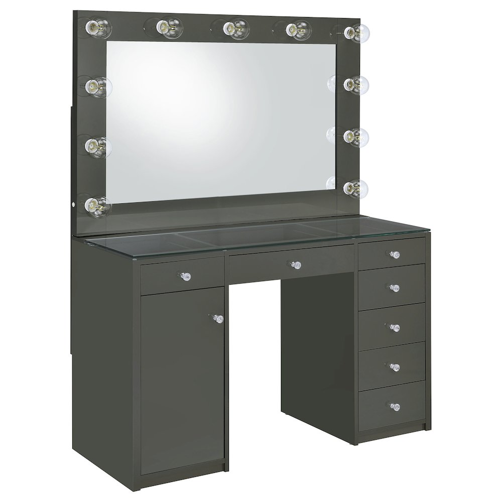 7-drawer Vanity Set with Mirror and Lights in Gray High Gloss Finish