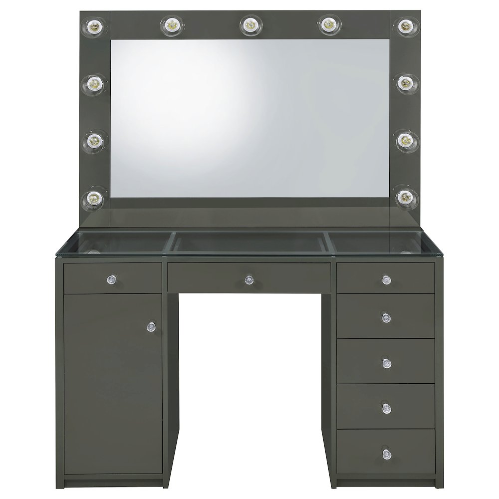7-drawer Vanity Set with Mirror and Lights in Gray High Gloss Finish