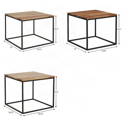 FurniFact Square Nesting Tables with Metal Frame, Natural, Set of 3