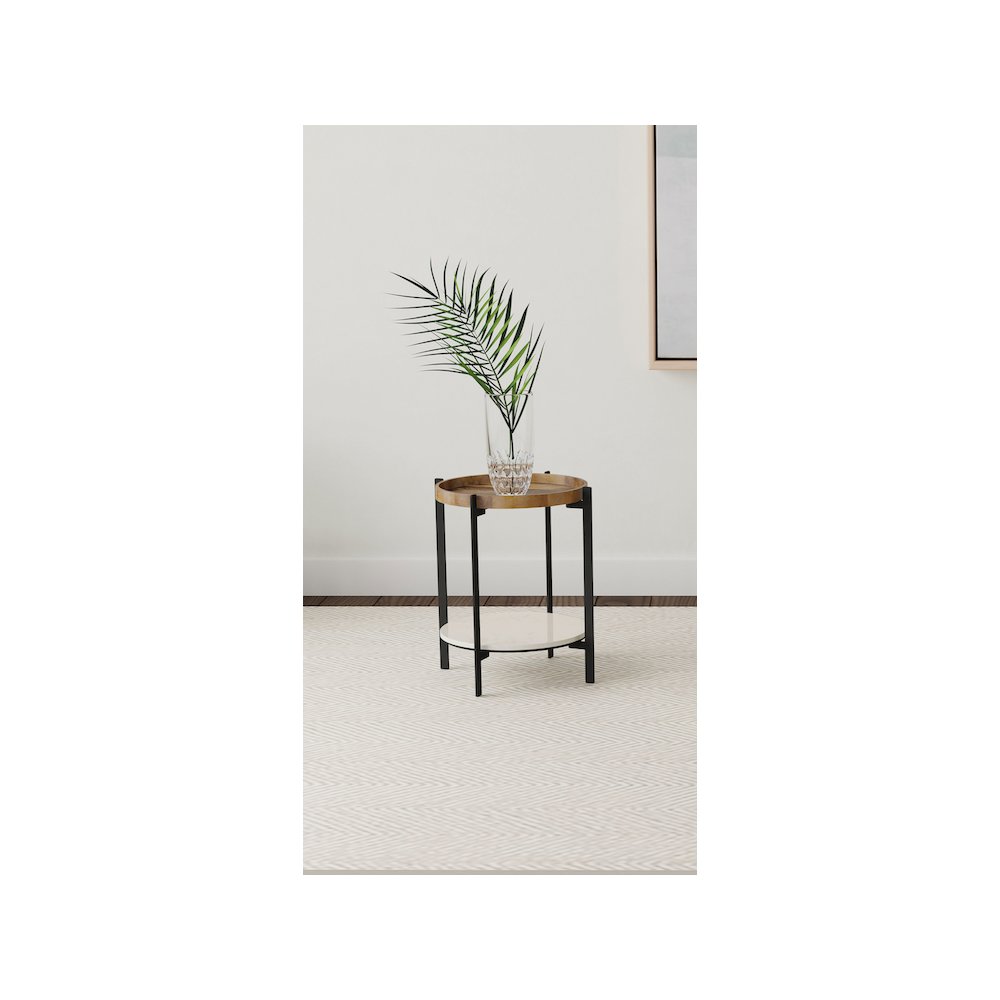Adhvik Round Side Table with Marble Shelf Natural and Black