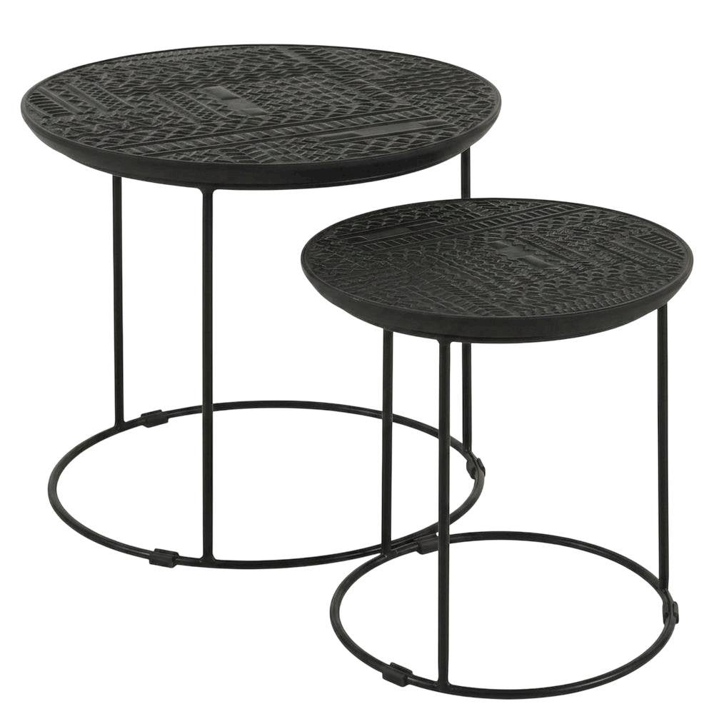 Round Mango Wood Nesting Coffee Table Set for Living Room, Matte Black