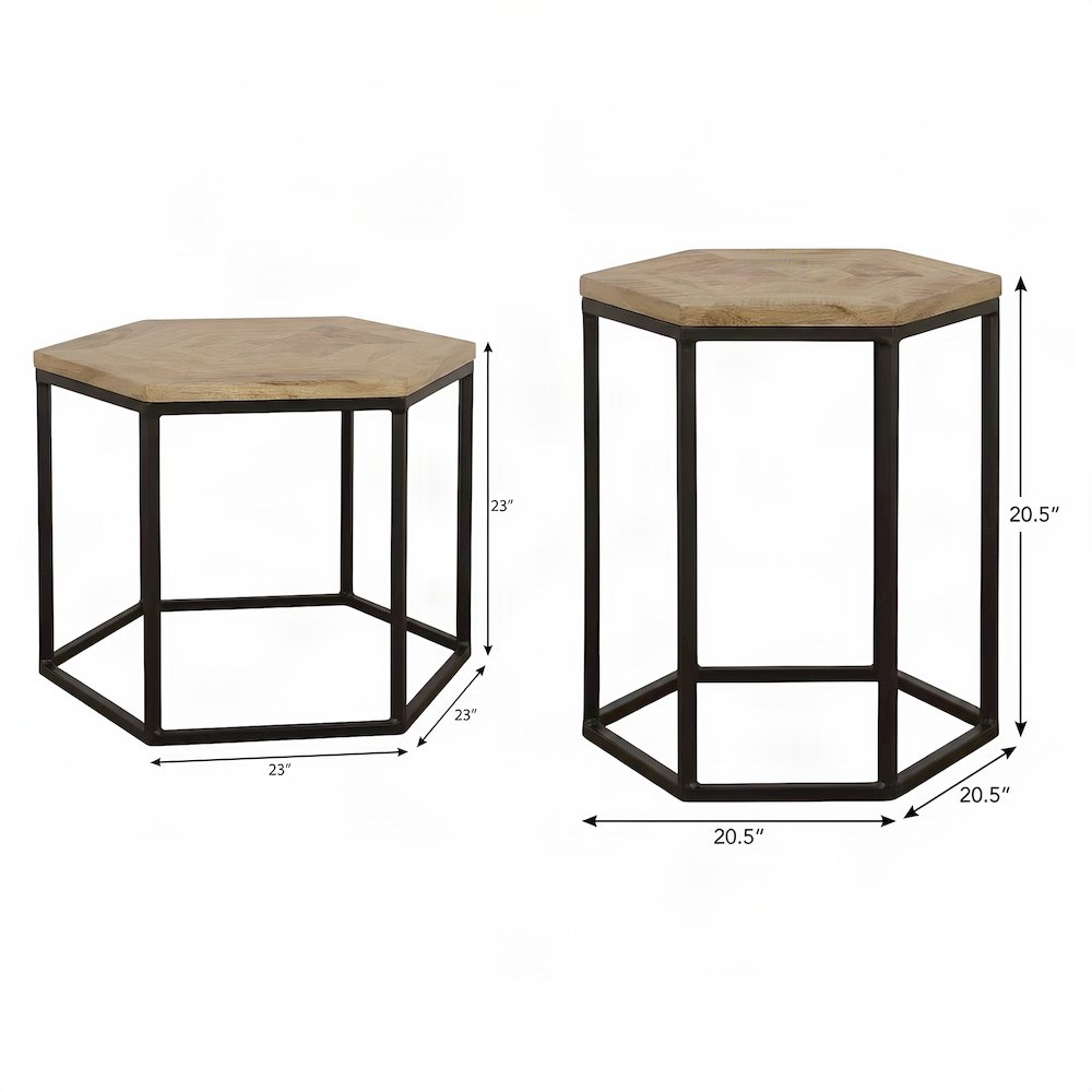 FurniFact Hexagonal Nesting Tables with Wooden Frame, Natural, Set of 2