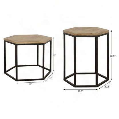 FurniFact Hexagonal Nesting Tables with Wooden Frame, Natural, Set of 2