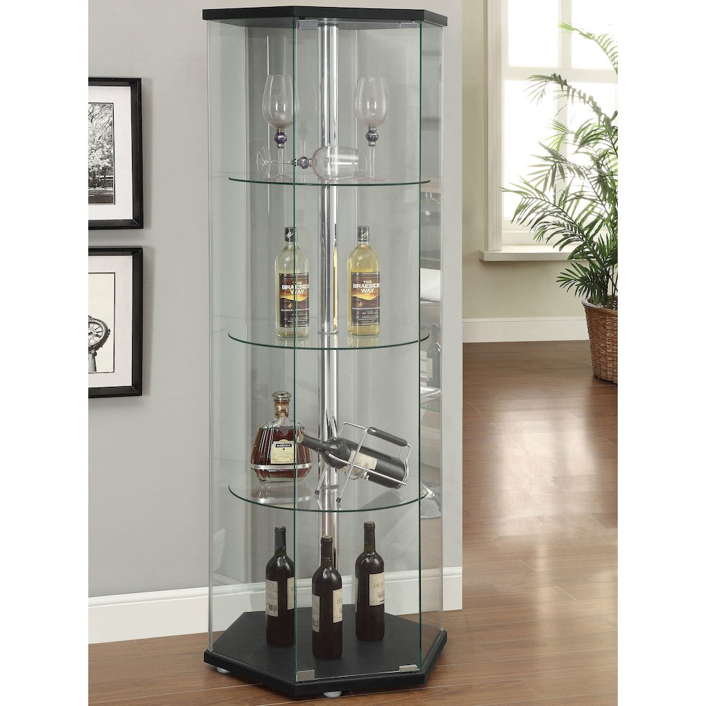 Zahavah 4-shelf Hexagonal Clear Glass Curio Cabinet Black