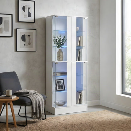 4-Door LED Curio Display Cabinet with Glass Doors, White High Gloss