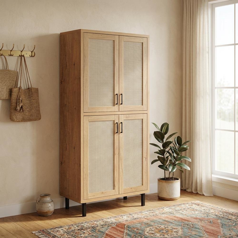 Tall Shoe Storage Cabinet with Doors, Farmhouse Style, Natural Oak