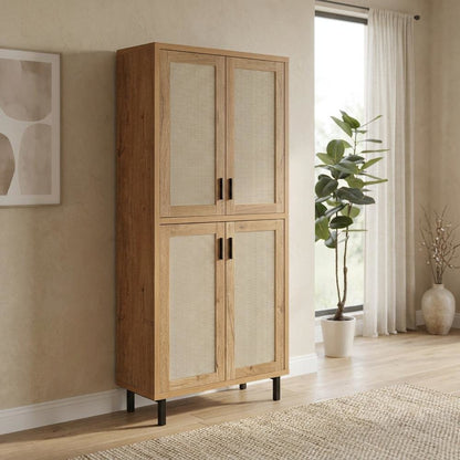 Tall Shoe Storage Cabinet with Doors, Farmhouse Style, Natural Oak