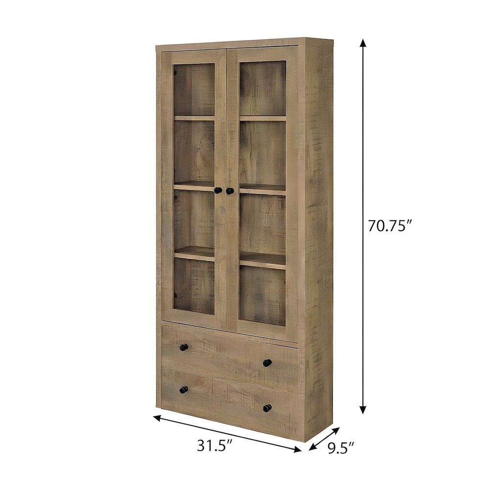 Engineered Wood Tall Storage Cabinet with Glass Doors, Drawers, Shelves, Mango