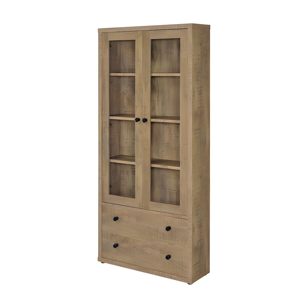Engineered Wood Tall Storage Cabinet with Glass Doors, Drawers, Shelves, Mango