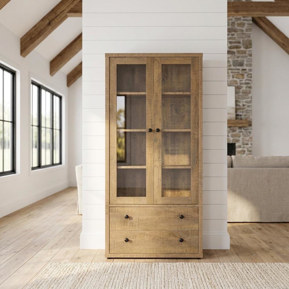 Engineered Wood Tall Storage Cabinet with Glass Doors, Drawers, Shelves, Mango