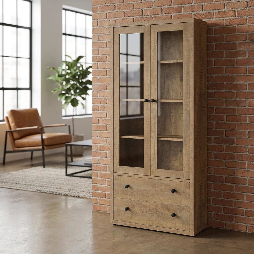 Engineered Wood Tall Storage Cabinet with Glass Doors, Drawers, Shelves, Mango