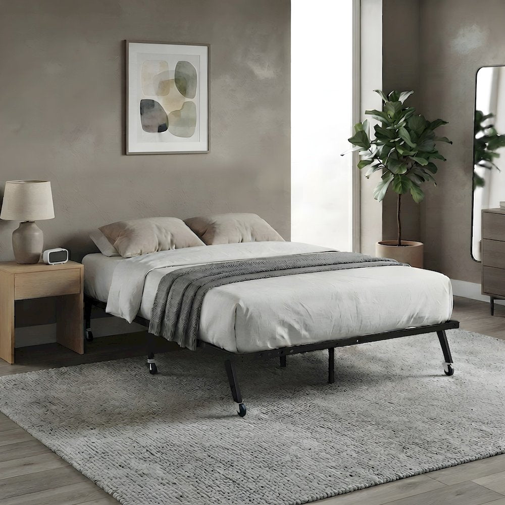 Metal Platform Bed Frame with Locking Wheels, Adjustable Twin to Full, Black