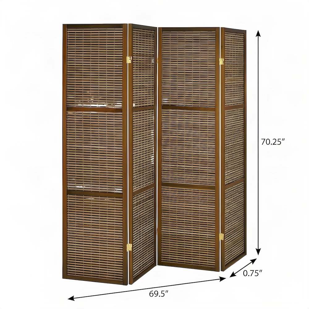 Bamboo 4-Panel Folding Room Divider, Coastal-Style Privacy Screen, Walnut