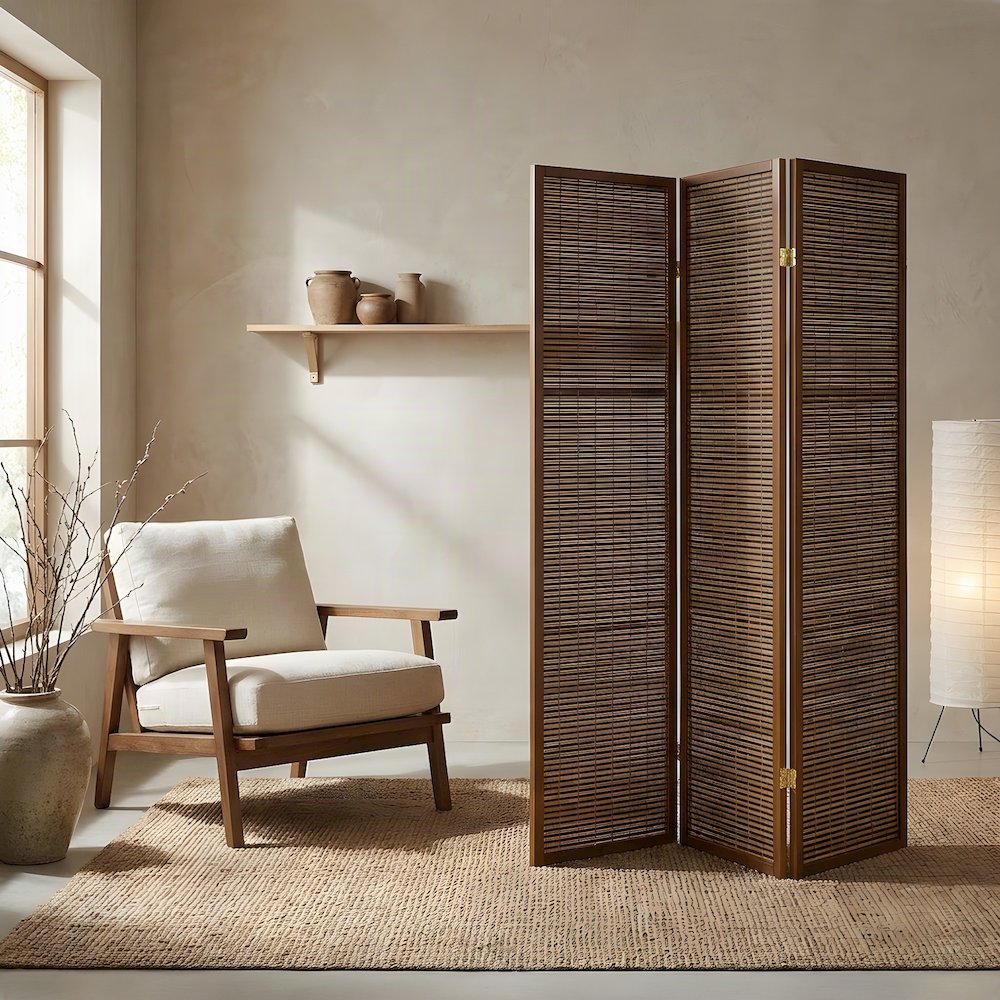 Bamboo 4-Panel Folding Room Divider, Coastal-Style Privacy Screen, Walnut