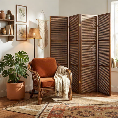 Bamboo 4-Panel Folding Room Divider, Coastal-Style Privacy Screen, Walnut