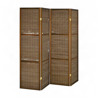 Bamboo 4-Panel Folding Room Divider, Coastal-Style Privacy Screen, Walnut