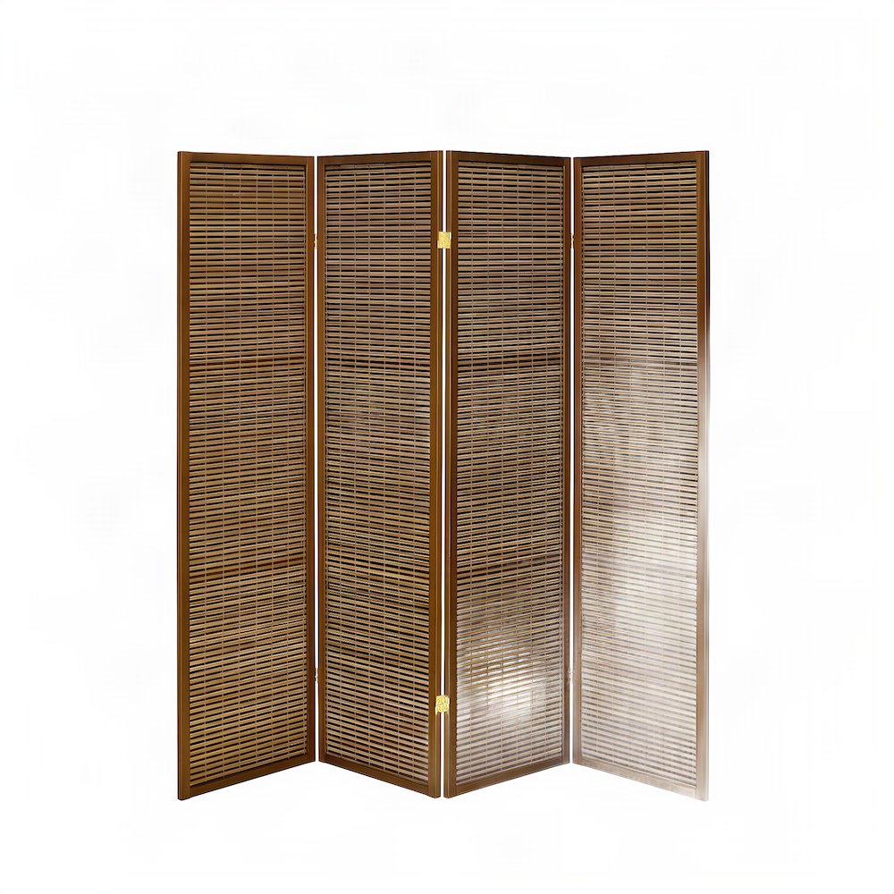 Bamboo 4-Panel Folding Room Divider, Coastal-Style Privacy Screen, Walnut