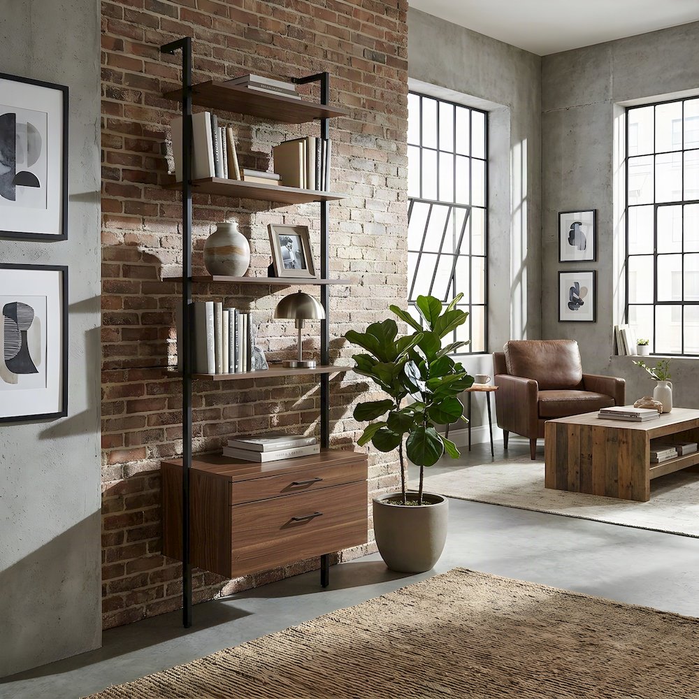 Transitional Engineered Wood Tall 4-Shelf Open Storage Bookshelf, Walnut