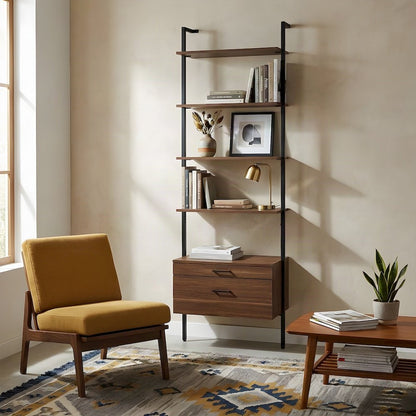 Transitional Engineered Wood Tall 4-Shelf Open Storage Bookshelf, Walnut