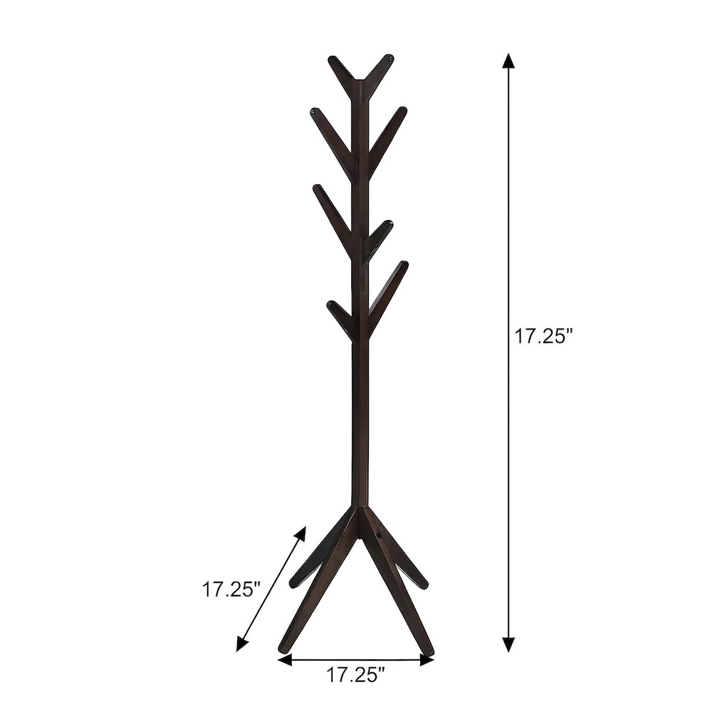 Solid Wood Floor Coat Rack with Hooks, Mid-Century Modern, Cappuccino