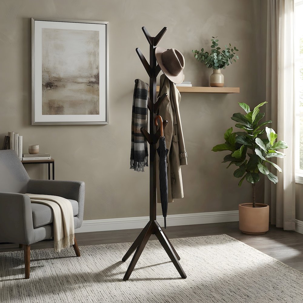 Solid Wood Floor Coat Rack with Hooks, Mid-Century Modern, Cappuccino
