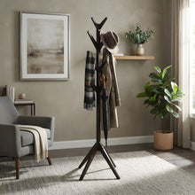 Solid Wood Floor Coat Rack with Hooks, Mid-Century Modern, Cappuccino