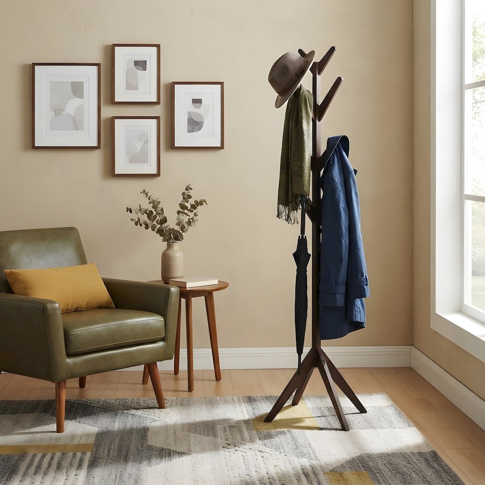 Solid Wood Floor Coat Rack with Hooks, Mid-Century Modern, Cappuccino
