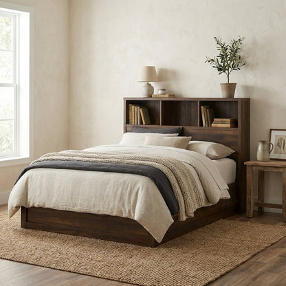 Dark Pine Queen Bookcase Headboard with Transitional Design and Durable Glide