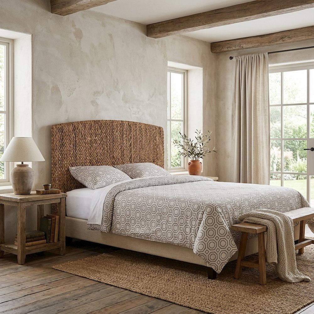 Brown Woven Banana Leaf Queen Panel Headboard, Honey Wood Legs, Coastal