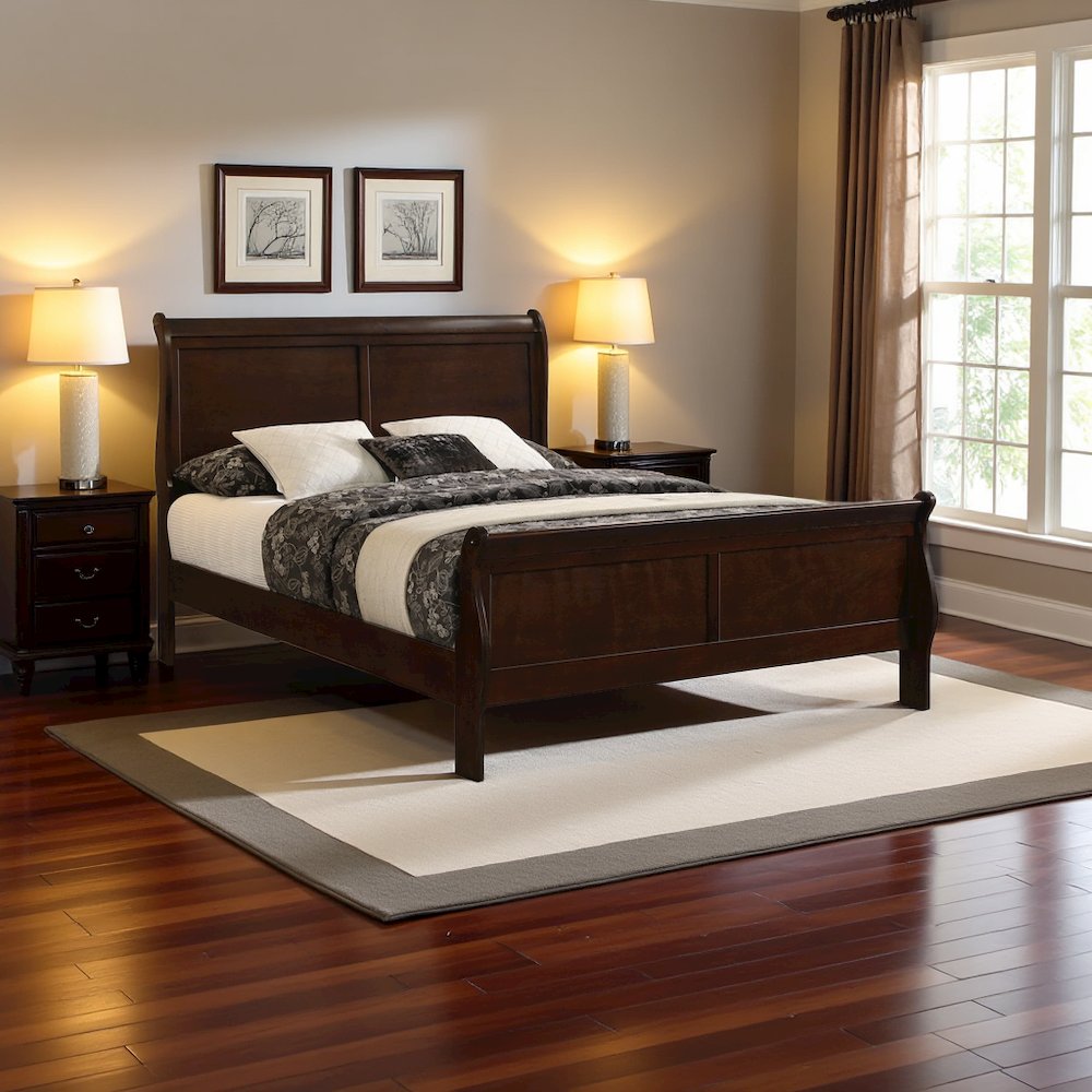 Wood King Bed Frame in Cappuccino Finish, Elegant King Size Sleigh Design
