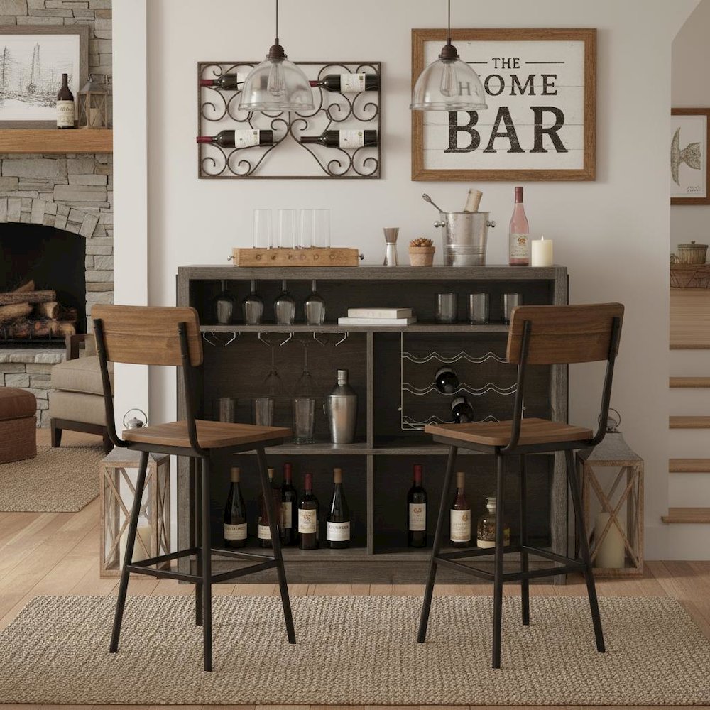 5-Shelf Composite Wood Home Bar Wine Cabinet in Aged Oak Finish with Storage