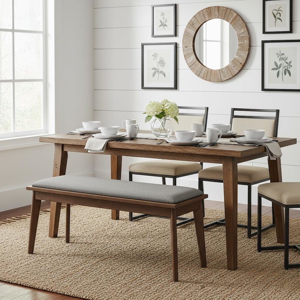 Upholstered Dining Bench with Walnut Wood Frame in Grey and Brown Finish
